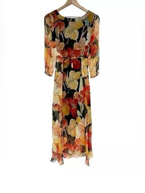 Apaim Ports Silk Midi Dress 4 Black Orange Floral Sheer Whimsygoth Boho Romantic